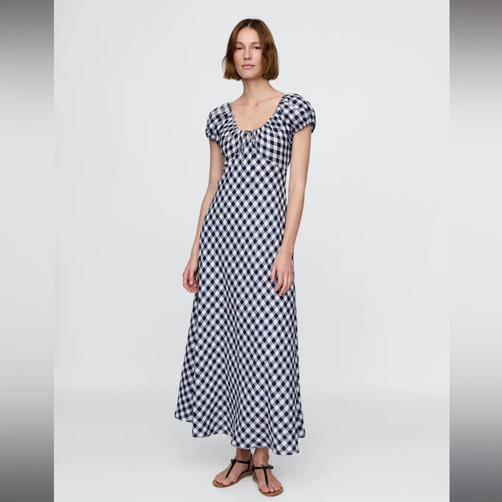 Blue and White Puff Sleeve Maxi Sundress